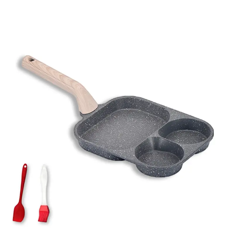 Non-stick Egg Frying Pan, 3 Holes Skillet With Handle, Nonstick 3-In-1 Divided Grill Pan - Multi-Use Egg Cooker, Omelette/Pancake Pan with Steak Function, Gas/Induction Compatible + Free Oil Brush & Scraper，Easy Clean，Breakfast Gadget，Family-Safe，