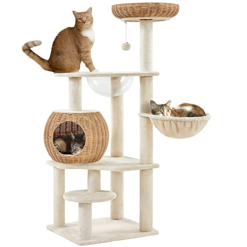 54'' Rattan Cat Tree Tower – Woven Condo, Clear Bowl, Washable Cushions & Scratching Posts for Indoor Cats