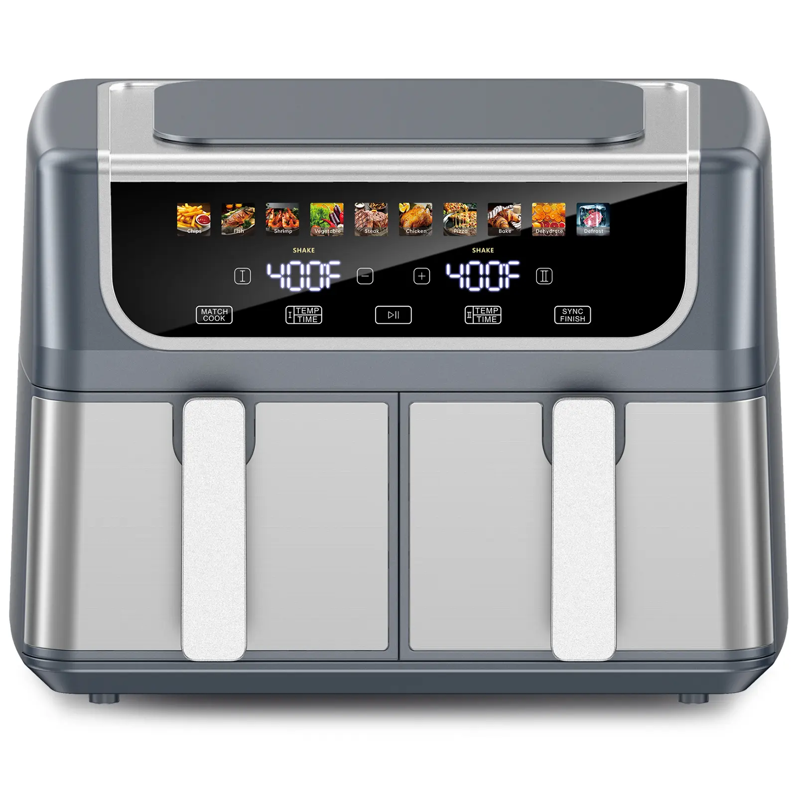 9QT Dual Basket Air Fryer, Oven 10-in-1，2 Independent Nonstick Baskets with Easy View Windows, Sync Finish & Hi-Fry Functions,Wide Temperature Range (200°F – 450°F)， Digital Double Air Fryer