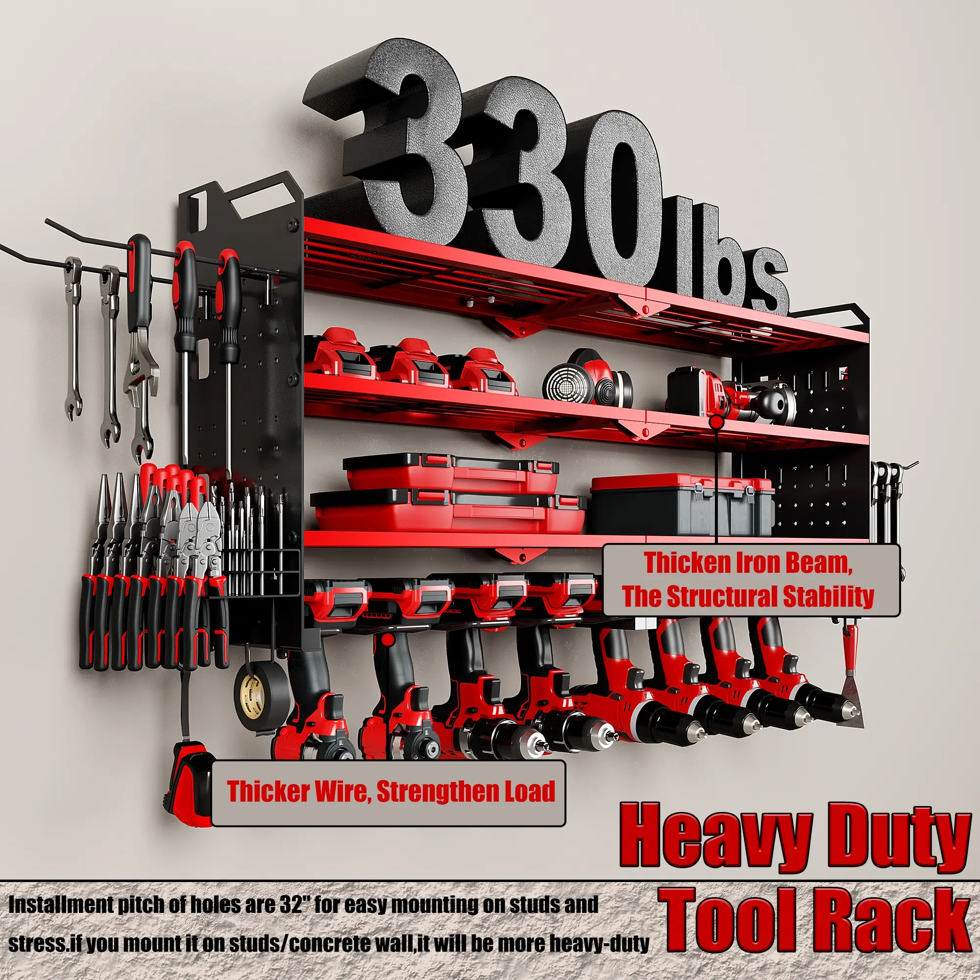 Tool Rack Organizer Wall Mount with 8 Drill Holders 4 Layers Large Capacity Rack for Garage Heavy Duty Sturdy Construction Easy Assembly