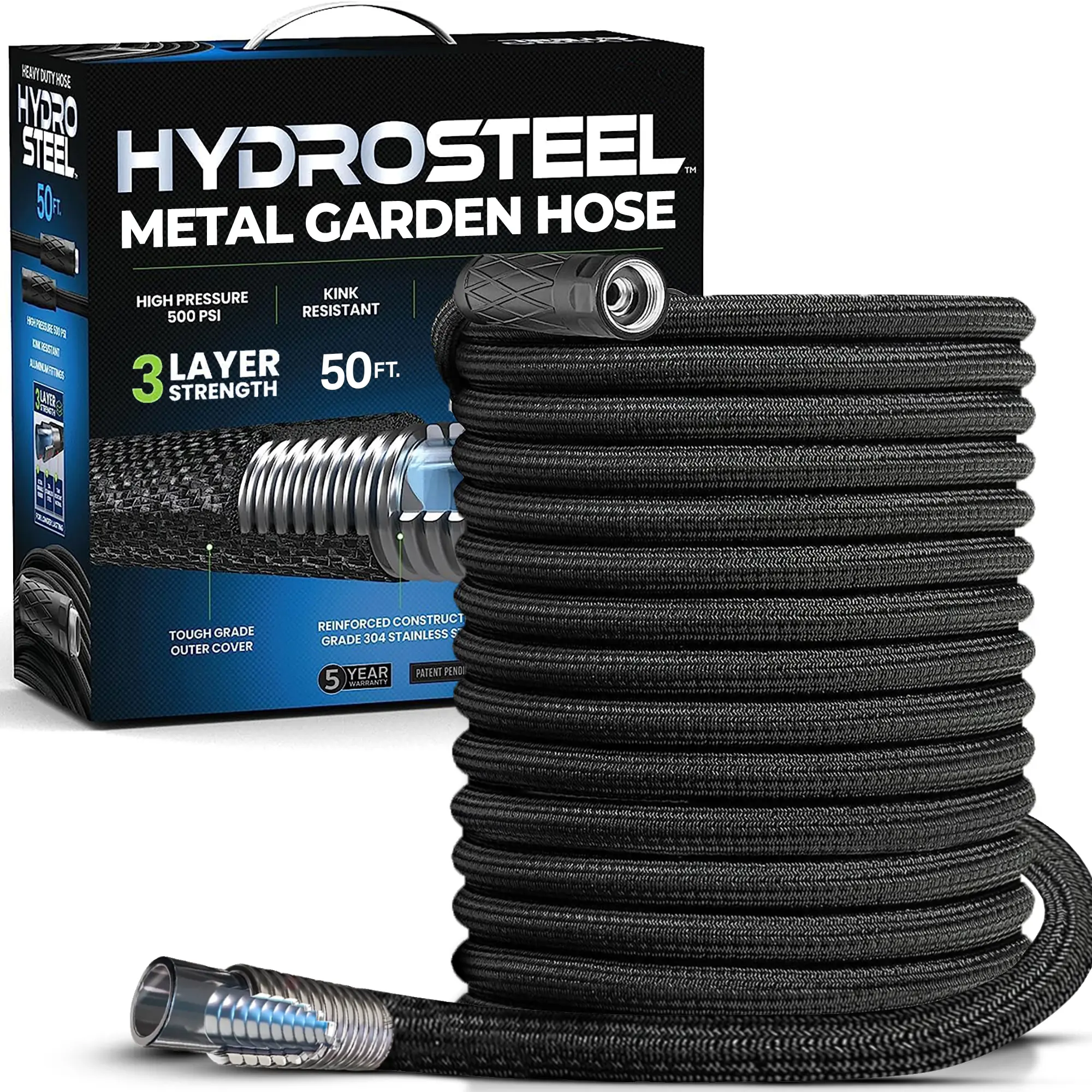 Heavy Duty 3-Layer Garden Hose with Spray Nozzle - 500 PSI High Pressure Stainless Steel Flexible Water Hose, Kink Resistant for Yard & Car Washing