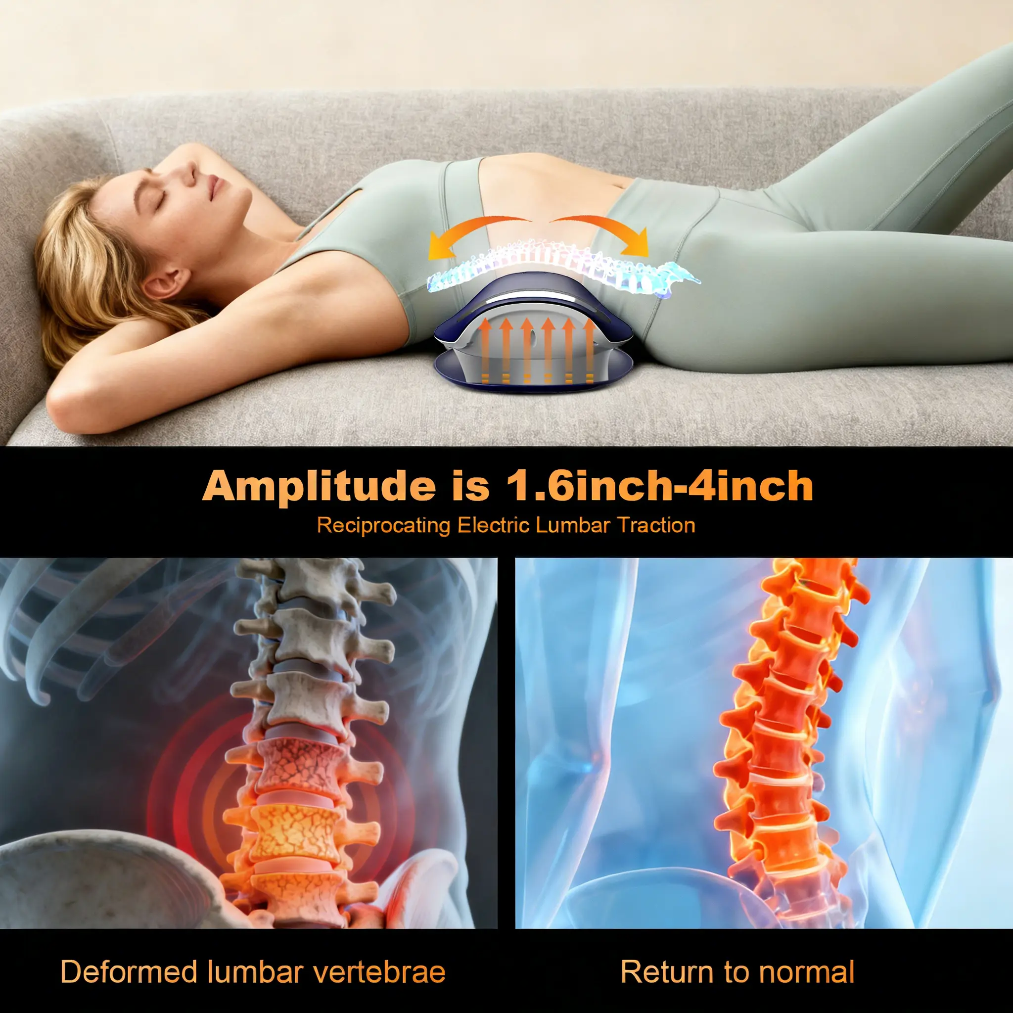 Low Frequency Lumbar Massager, Multifunctional Waist Stretching Back Traction Device, Waist Comfort Care, 12-Level Electrotherapy, 3-Level Vibration Massage and Thermal Therapy