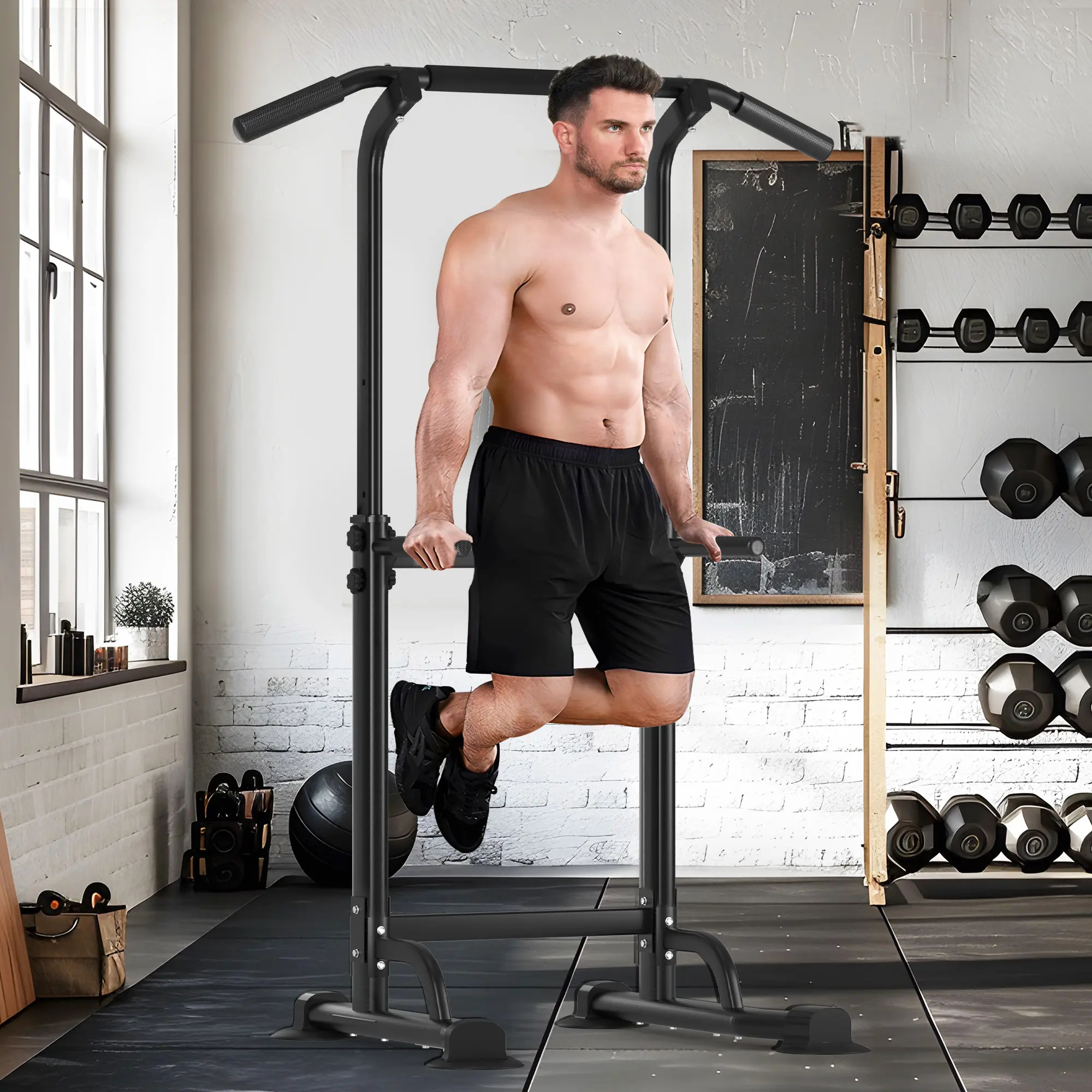 Home Gym Exercise Equipment - Adjustable Pull-Up Bar, Dip Station, Push-Up Bars for Whole Body Workout, 330 LBS Capacity Heavy-Duty Steel H-Shaped Base, Ideal for Men & Women