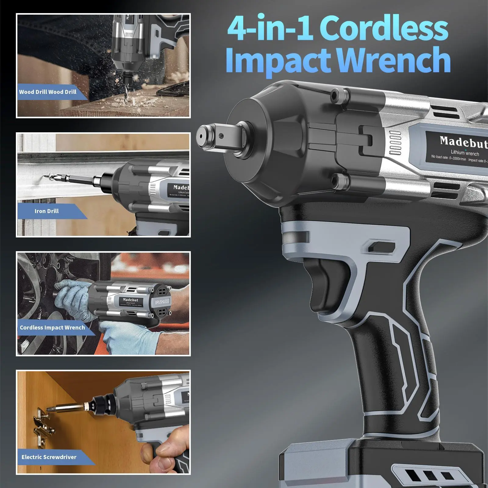 1000N.m Cordless Impact Wrench,All-Metal Cordless Impact Gun with 2 * 4.0Mah, 3-IN-1 Electric Impact Wrench
