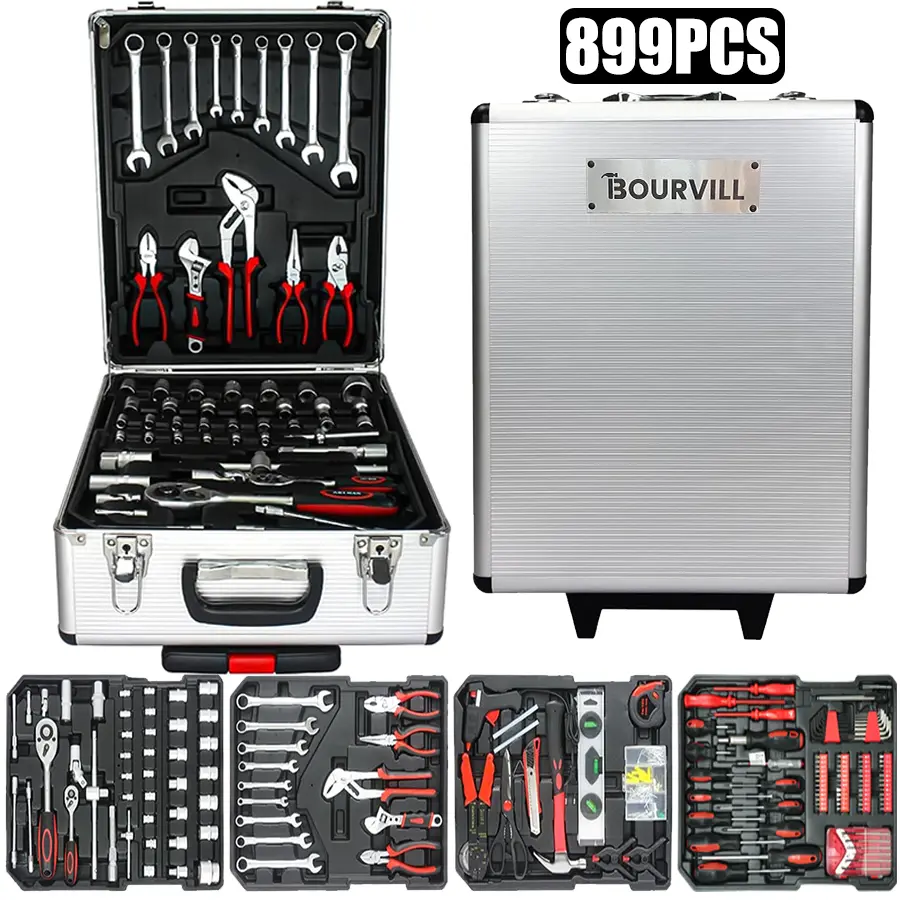 899-Piece Tool Set - High-Capacity Portable Metal Tool Case,Wheeled Mobile Tool Cabinet, and 4-Tier Aluminum Alloy Storage Unit- A Complete Kit for Mechanical Repair & Home Maintenance