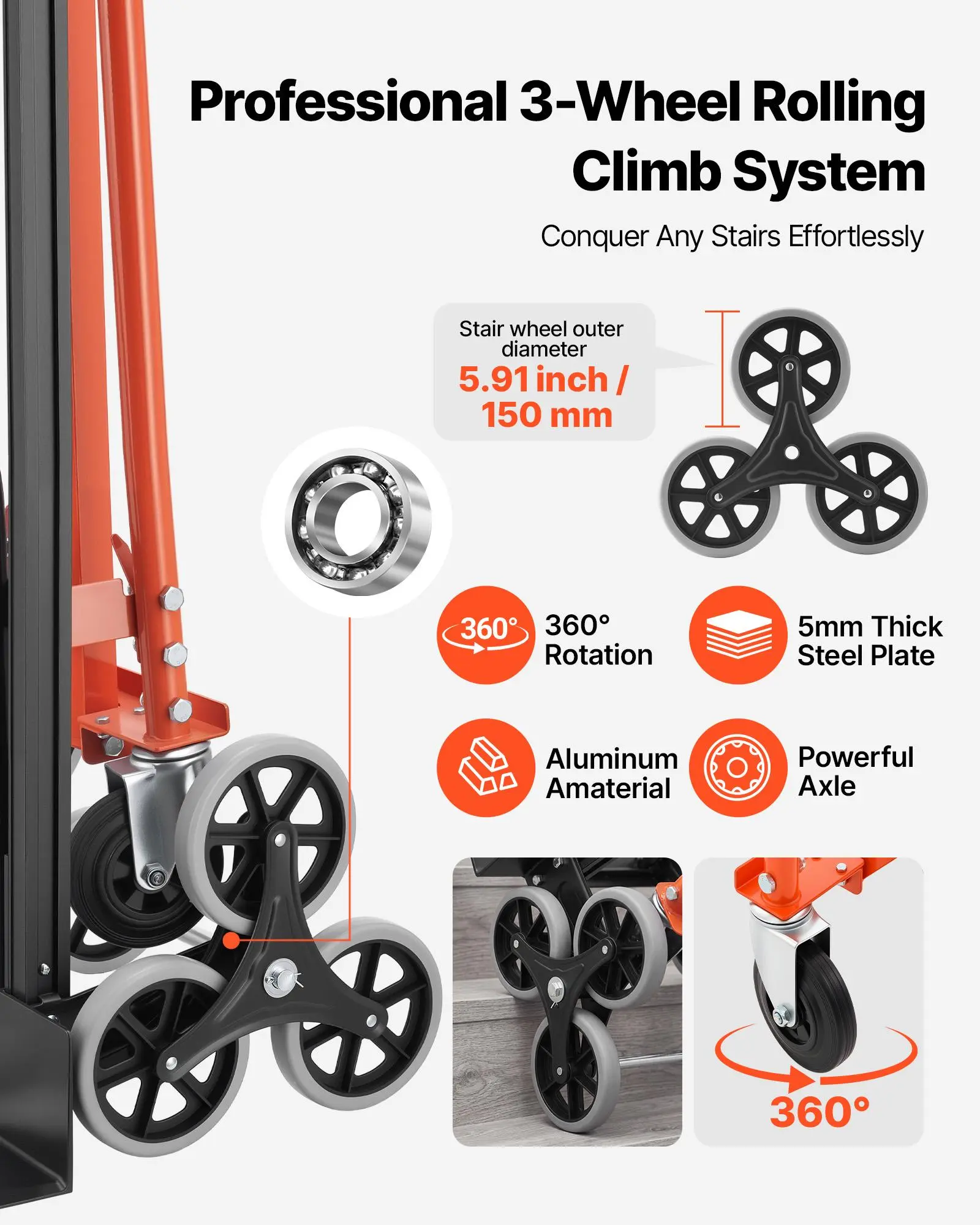 3 in 1 Industrial Convertible Stair Climbing Cart, 770 lbs Max Load, Folding Hand Truck Dolly with Handle & Wheels, Stair Climbing Utility Trolley for Transport & Moving