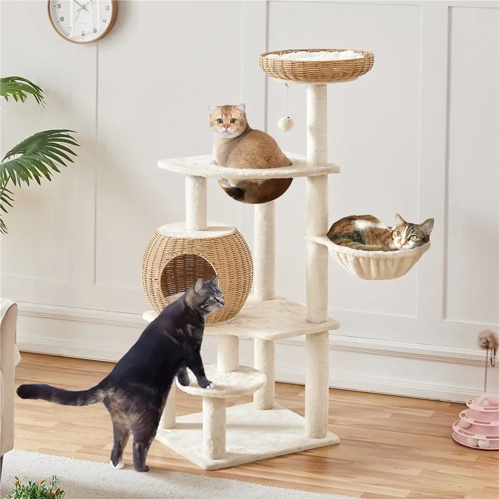 54'' Rattan Cat Tree Tower – Woven Condo, Clear Bowl, Washable Cushions & Scratching Posts for Indoor Cats