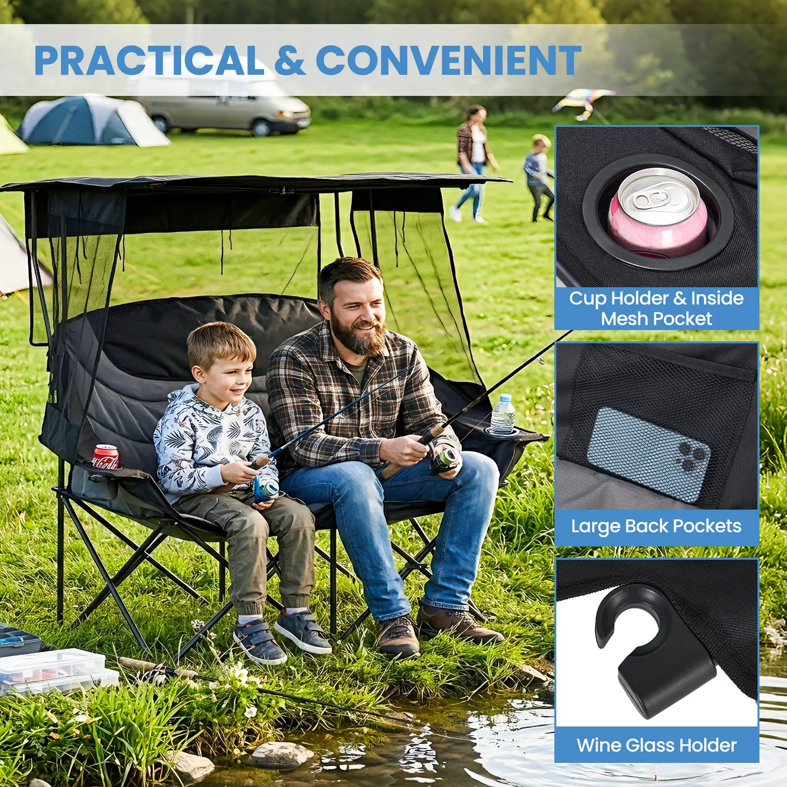 #Summervibes ABORON XXL Double Camping Chair with Shade Canopy, Fully Padded Folding Camping Loveseat , Oversized Camping Bench Lawn Chairs Patio Lounge Chairs for Adults
