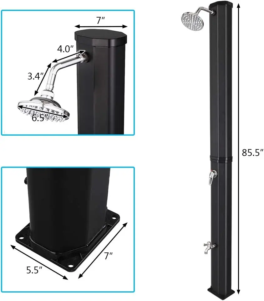 Solar Heated Shower, 9.3 / 5.5 / 10.6 / 16 / 2.3 Gallon Outdoor Shower with Shower Head and Foot Shower Tap，for Outdoor Backyard Poolside Beach Pool Spa
