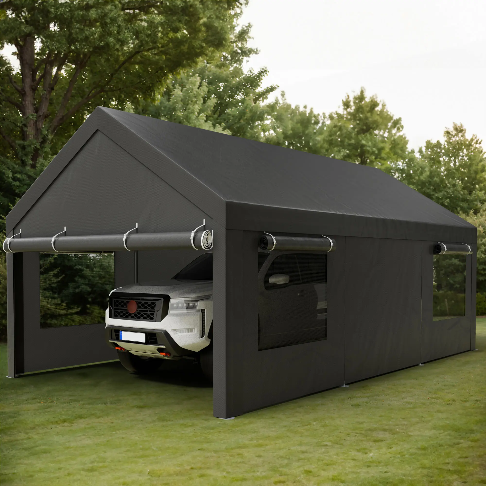 Carport 12x20ft Outdoor Car Canopy Portable Garage, Heavy Duty Shed Tent Port with Roll-up Ventilated Windows & Removable Sidewalls Shelter Storage Vehicle Party Moisture Prevention for Camp, Farm, Tool