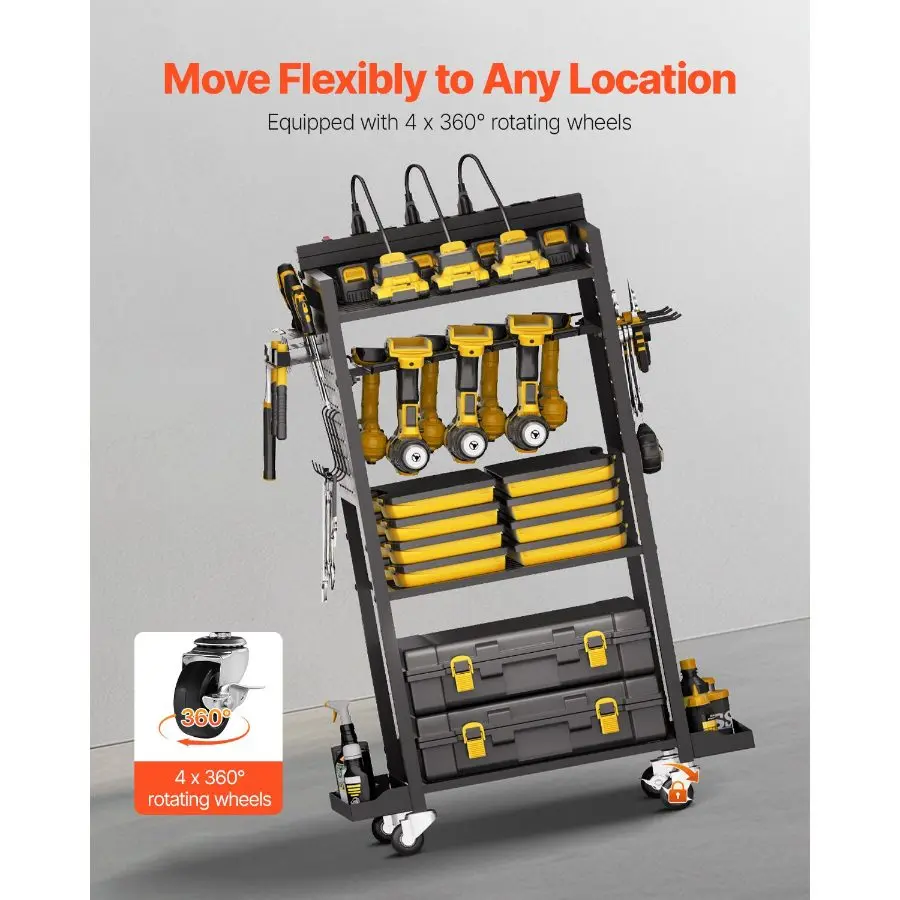 4-Tier Heavy Duty Tool Organizer Cart with Built-in 8-Outlet Charging Station - Rolling Garage Storage Rack with Drill Holders & Wheels