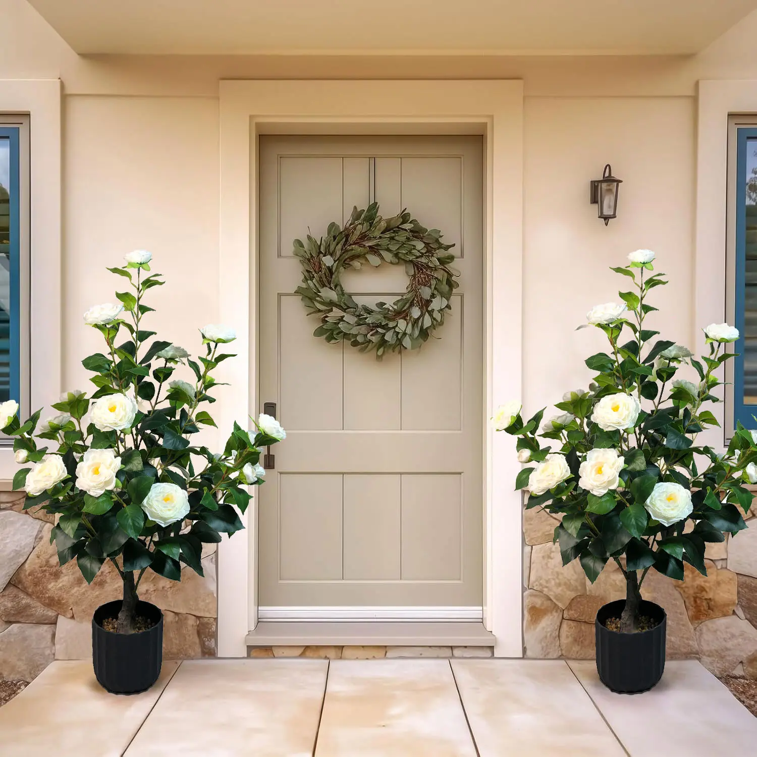 2 Pcs 3-foot Camellia Tree with Decorative Pebbles, Flower Pot, 24 Realistic Flowers, 188 Leaves for Indoor, outdoor courtyard Home Decor