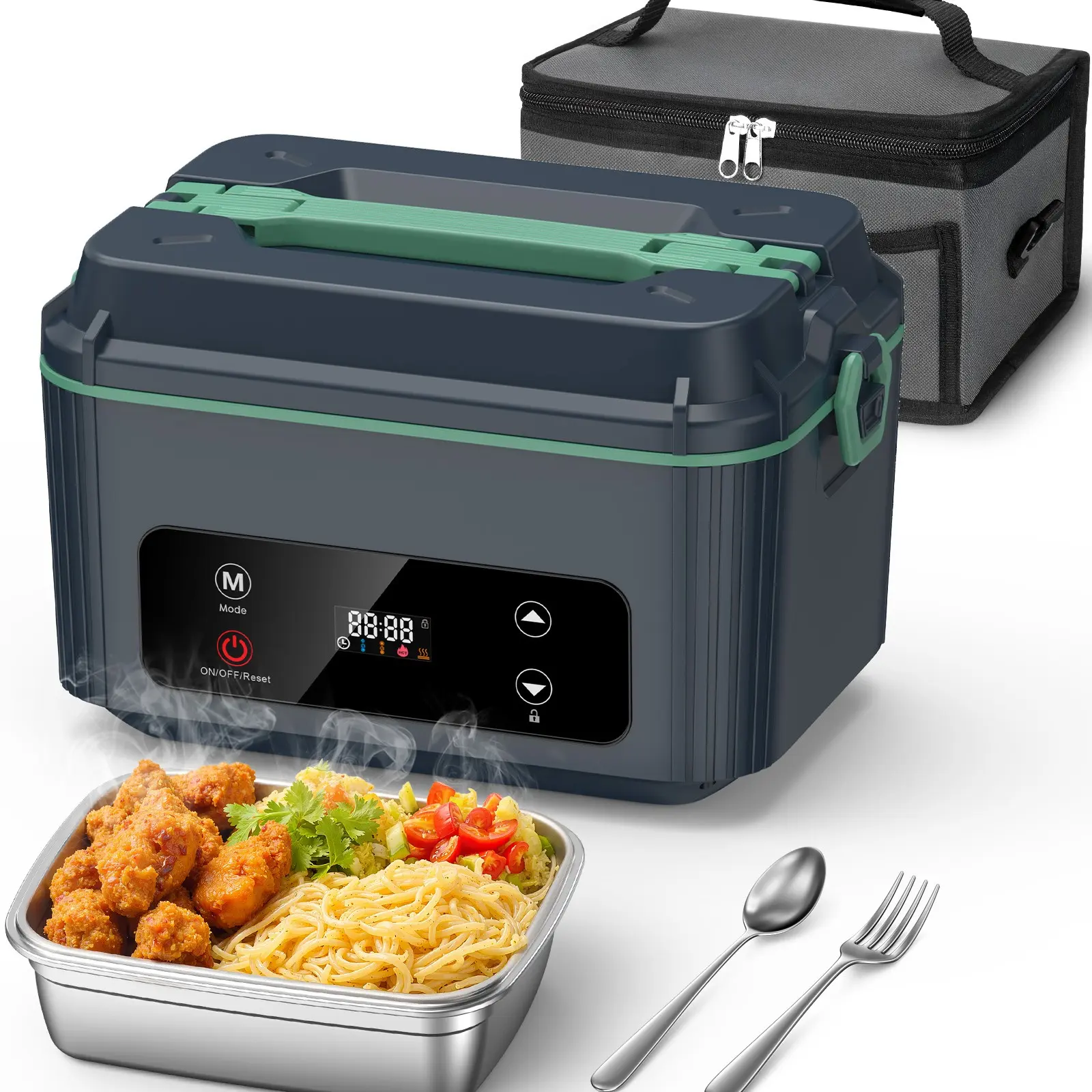 Self-Heating Electric Lunch Box, 100W Faster Heated Cordless Lunch Box for Adults with Automatic Heating, 40 fl oz 304 Stainless Steel Food Warmer with Timer for Hot Meals Anywhere