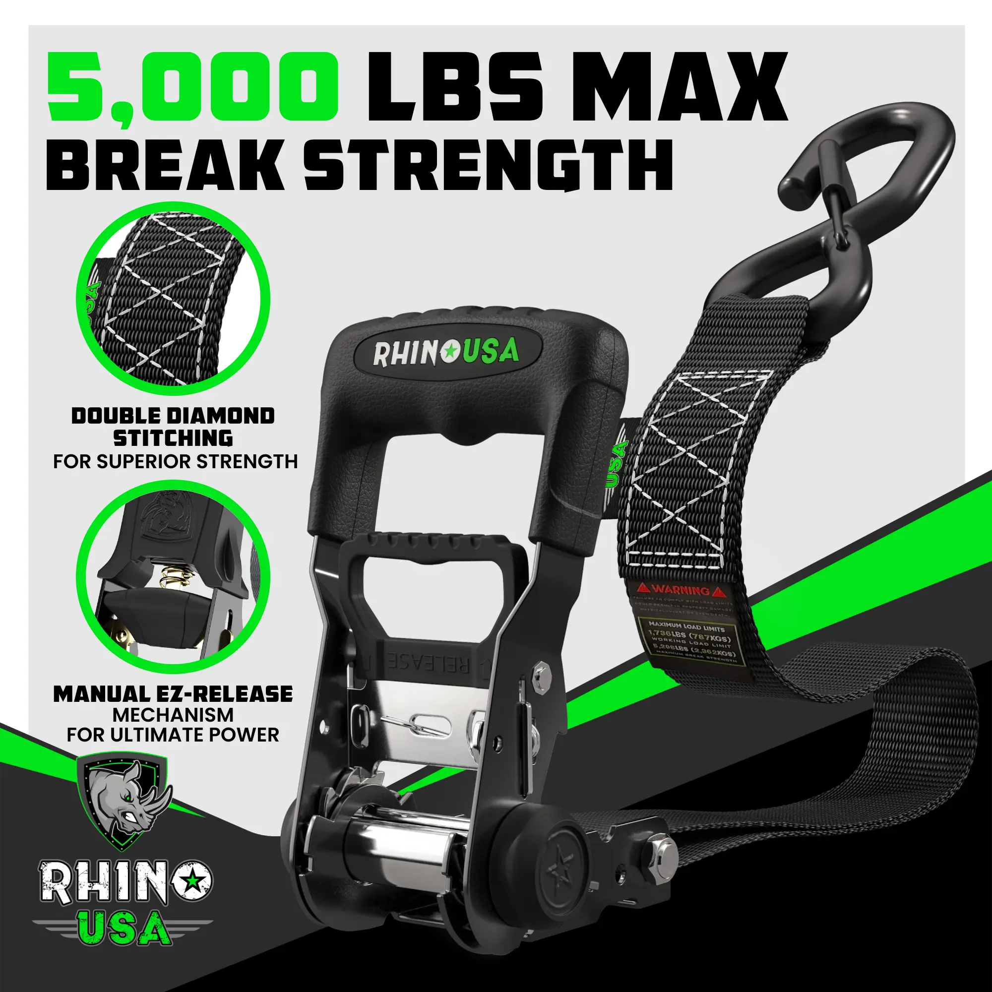 TRADITIONAL Ratchet Straps Heavy Duty Kit - 1.6 Inch x 8ft -15ft (5,208lb Break Strength) 2-4 pack