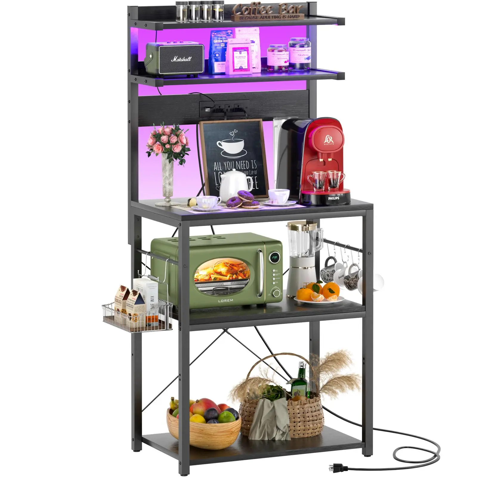 Bakers Rack with Power Outlet – 5-Tier Kitchen Storage Shelf with LED Lights, Microwave Stand & Coffee Bar Station