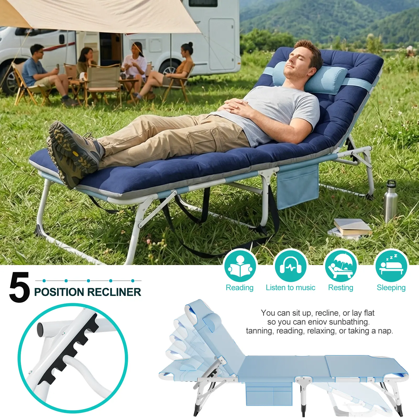 3-in-1 Sun Tanning Chair – Adjustable Folding Lounge Chair with Mat for Beach, Patio, Pool & Outdoor Relaxation