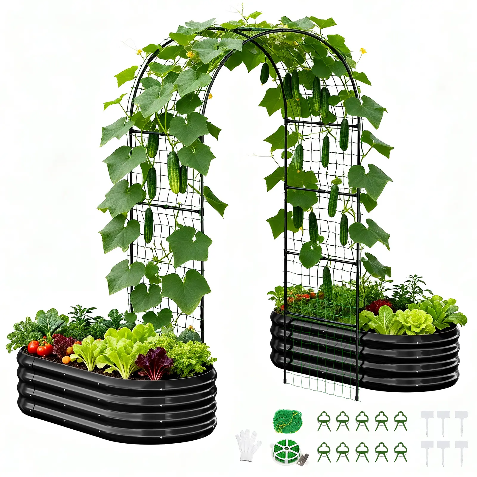 3-in-1 DIY Metal Raised Garden Bed with Arch Trellis, Wind-Resistant Heavy Duty Planter Box with Netting, Open Bottom Garden Bed for Climbing Plants Vegetables Flowers