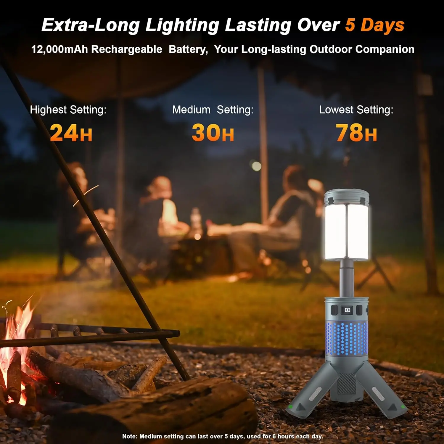 Portable Tent Light — Rechargeable, Retractable Tent Light with Stand (12,000 mAh) — Lighting Equipment