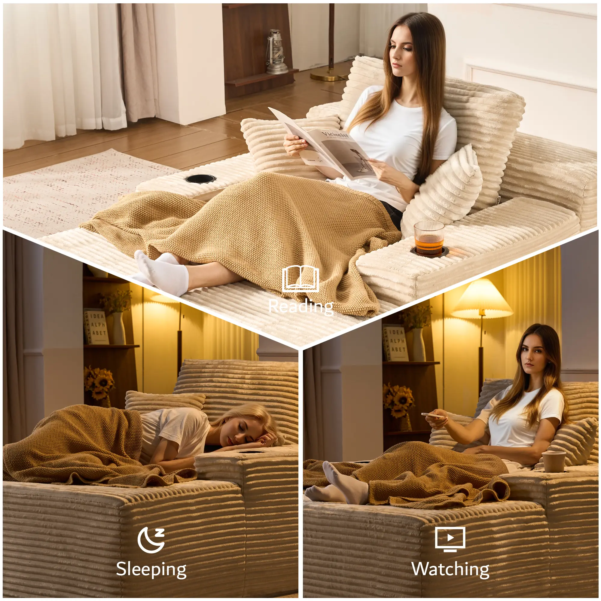 49'' Boneless Chaise Lounge with Cup Holders, Upholstered Sofa Bed with Throw Pillows and Armrests, Indoor Sleeper Chair- Luxurious Plush Corduroy Chair Bed for Living Room - No Assembly Required