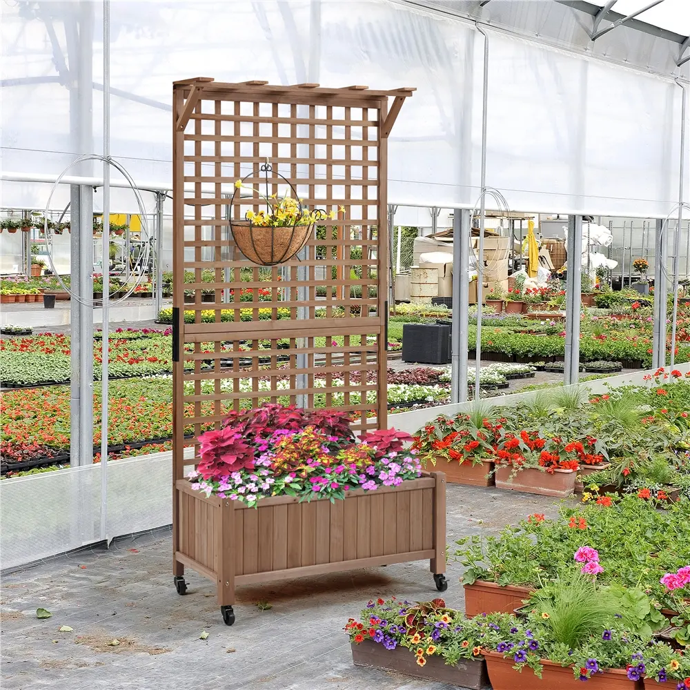 75/50" H Horticulture Garden Planter with Trellis for Vine Climbing Plants Garden Box Outdoor w/Drainage Holes Raised Garden Bed Garden Planter Box for Flowers