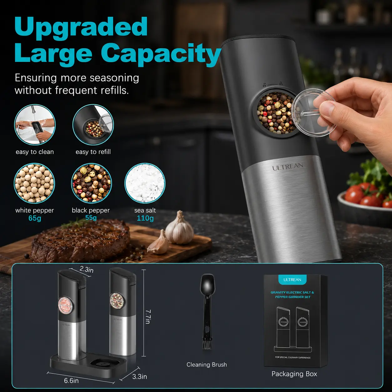 2PCS Rechargeable Salt & Pepper Grinder Set – Adjustable Stainless Steel Grinders with LED One-Hand Operation