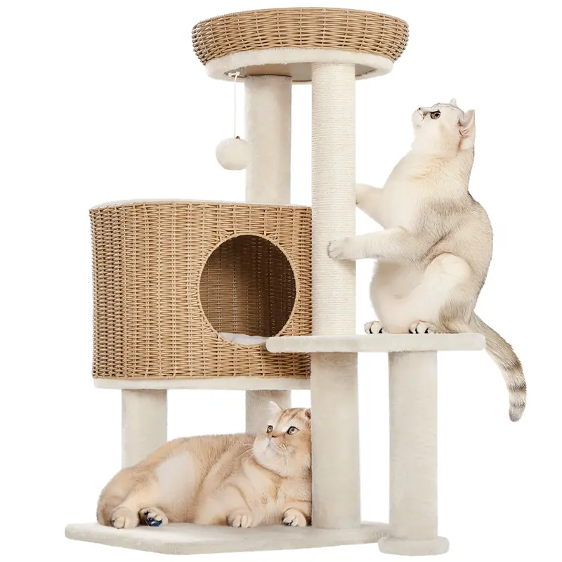 54'' Rattan Cat Tree Tower – Woven Condo, Clear Bowl, Washable Cushions & Scratching Posts for Indoor Cats