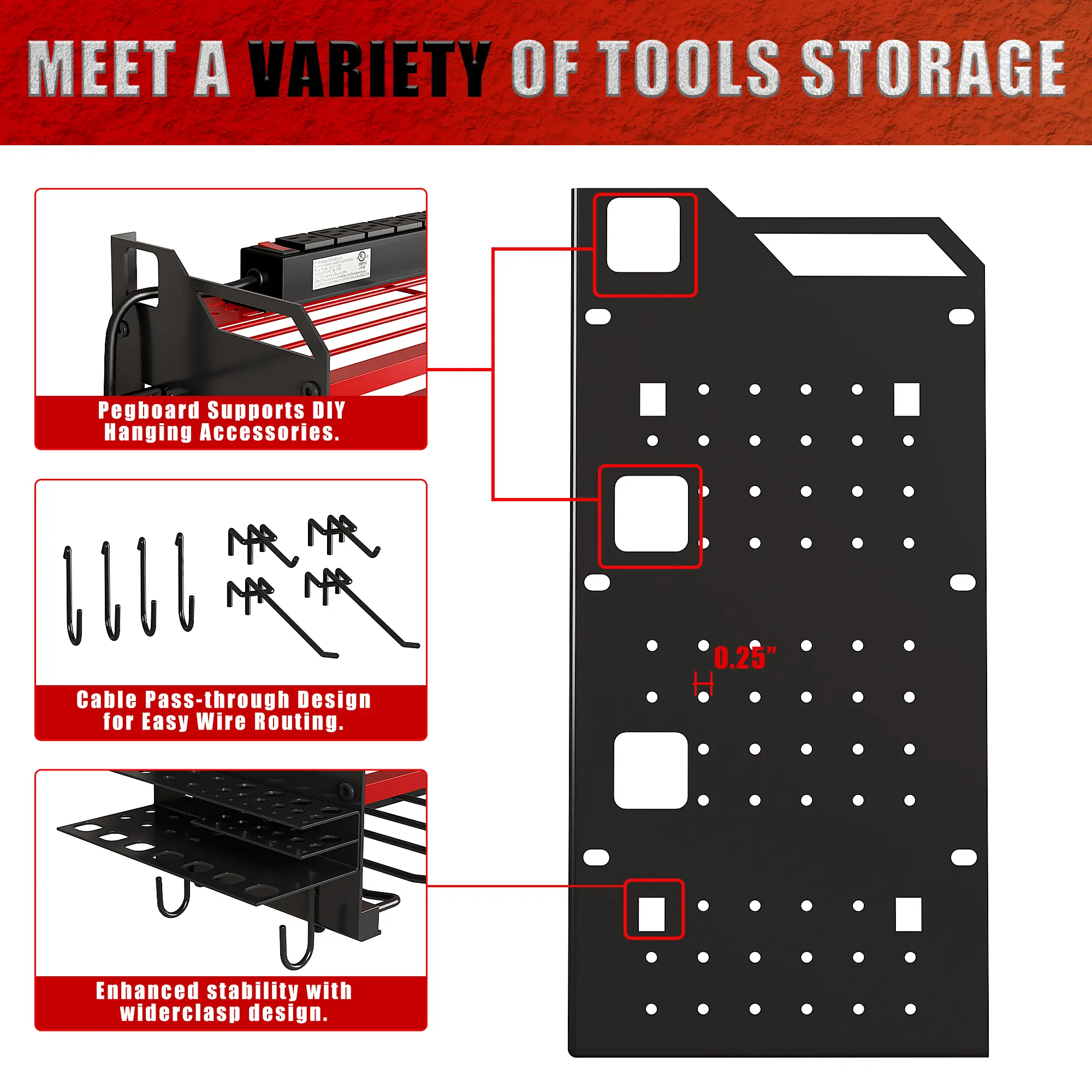 Tool Rack Organizer Wall Mount with 8 Drill Holders 4 Layers Large Capacity Rack for Garage Heavy Duty Sturdy Construction Easy Assembly