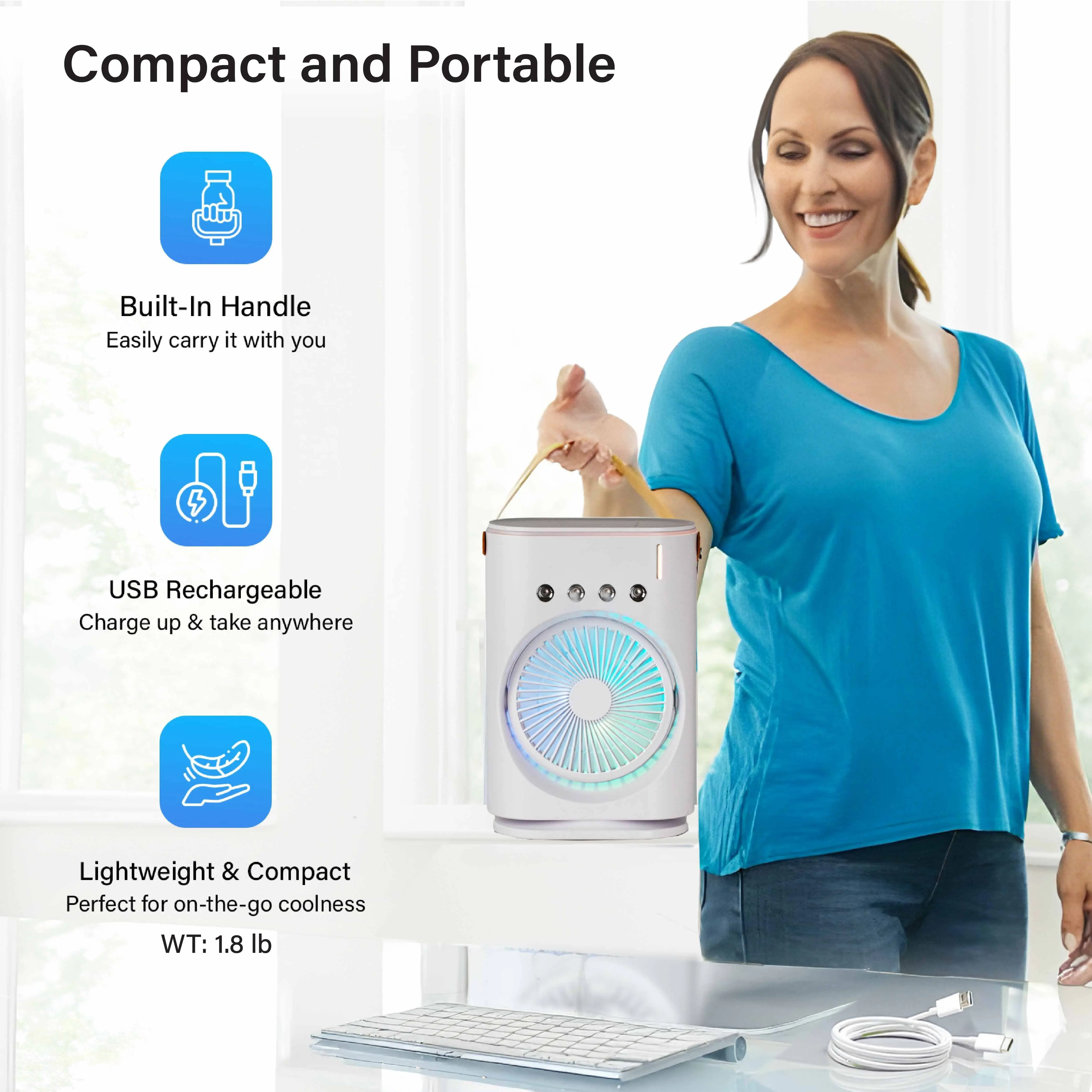 Cool Misting Fan, Remote Controlled, Oscillating, USB-C Rechargeable, Color Changing, Lightweight, Portable