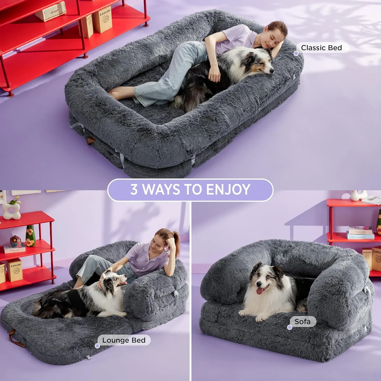Luxury Warm Foldable 3-in-1 Flexible Giant Human Dog Bed Cozy Fluffy Faux Fur Lounge Sofa with Supportive Bolster Egg Foam Soft Plush Calming Orthopedic Bed for Comfort Classic Lounge Sofa
