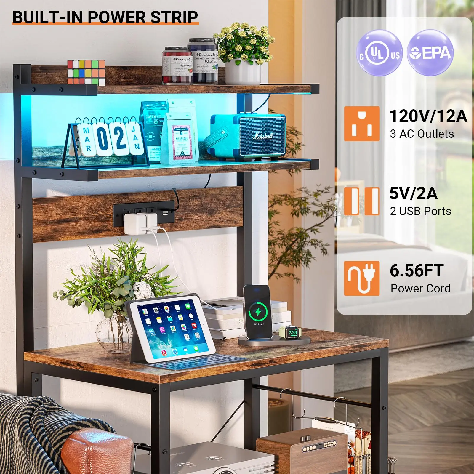 Bakers Rack with Power Outlet – 5-Tier Kitchen Storage Shelf with LED Lights, Microwave Stand & Coffee Bar Station
