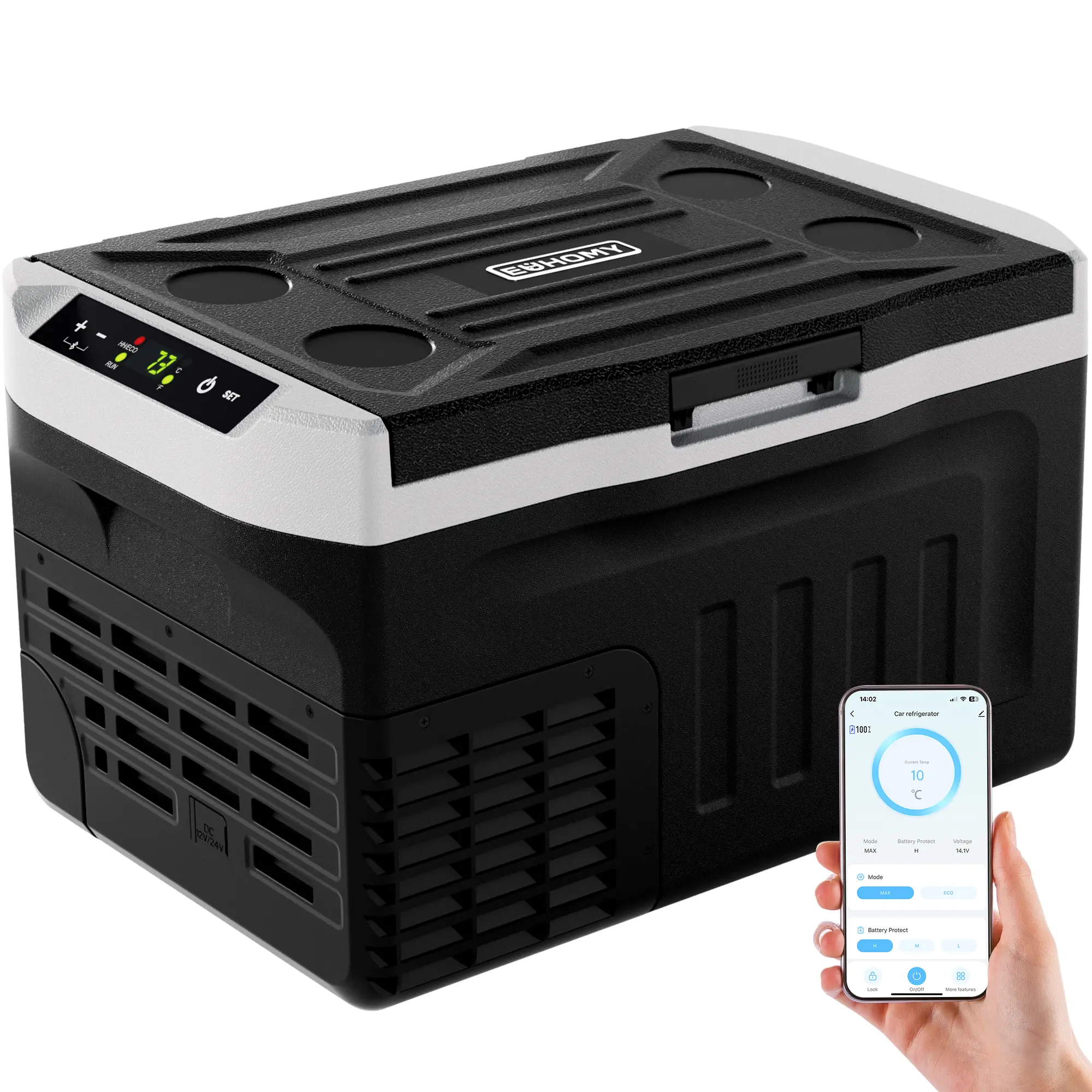 12V Refrigerator (24/37/53Quart /23L/35L/50L) supports 12V/24V DC & 110-240V AC. Portable with -4°F~68°F range, it features wheels, 2 baskets