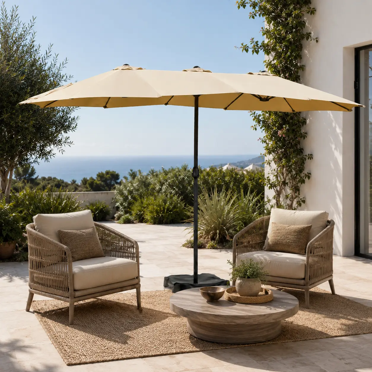 【On Sale】Massive 15/13ft Double-Sided Patio Umbrella | Heavy Duty & 2 Sandbags Included, Easy Crank for Garden Pool and Lawn