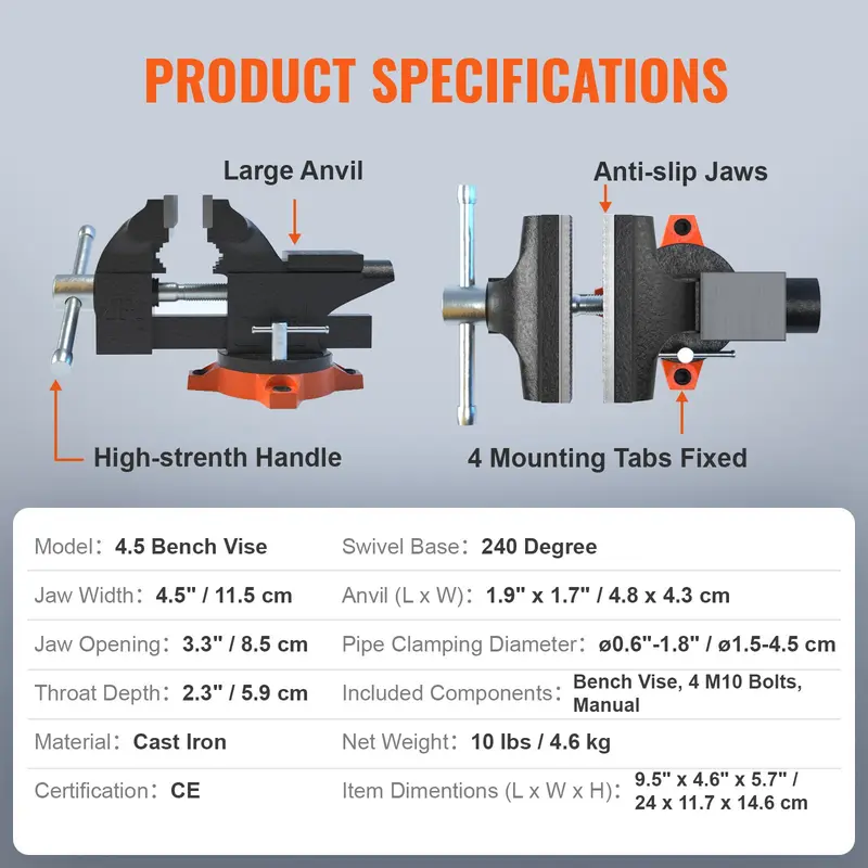 6.5" Jaw Width 6.5" Forward &9.3" Reverse Opening Bench Vise, 360-Degree Swivel Locking Base Multipurpose Workbench with Anvil