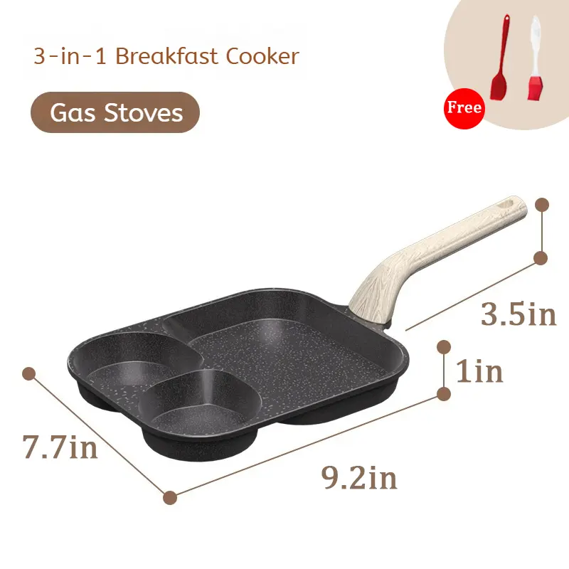Non-stick Egg Frying Pan, 3 Holes Skillet With Handle, Nonstick 3-In-1 Divided Grill Pan - Multi-Use Egg Cooker, Omelette/Pancake Pan with Steak Function, Gas/Induction Compatible + Free Oil Brush & Scraper，Easy Clean，Breakfast Gadget，Family-Safe，