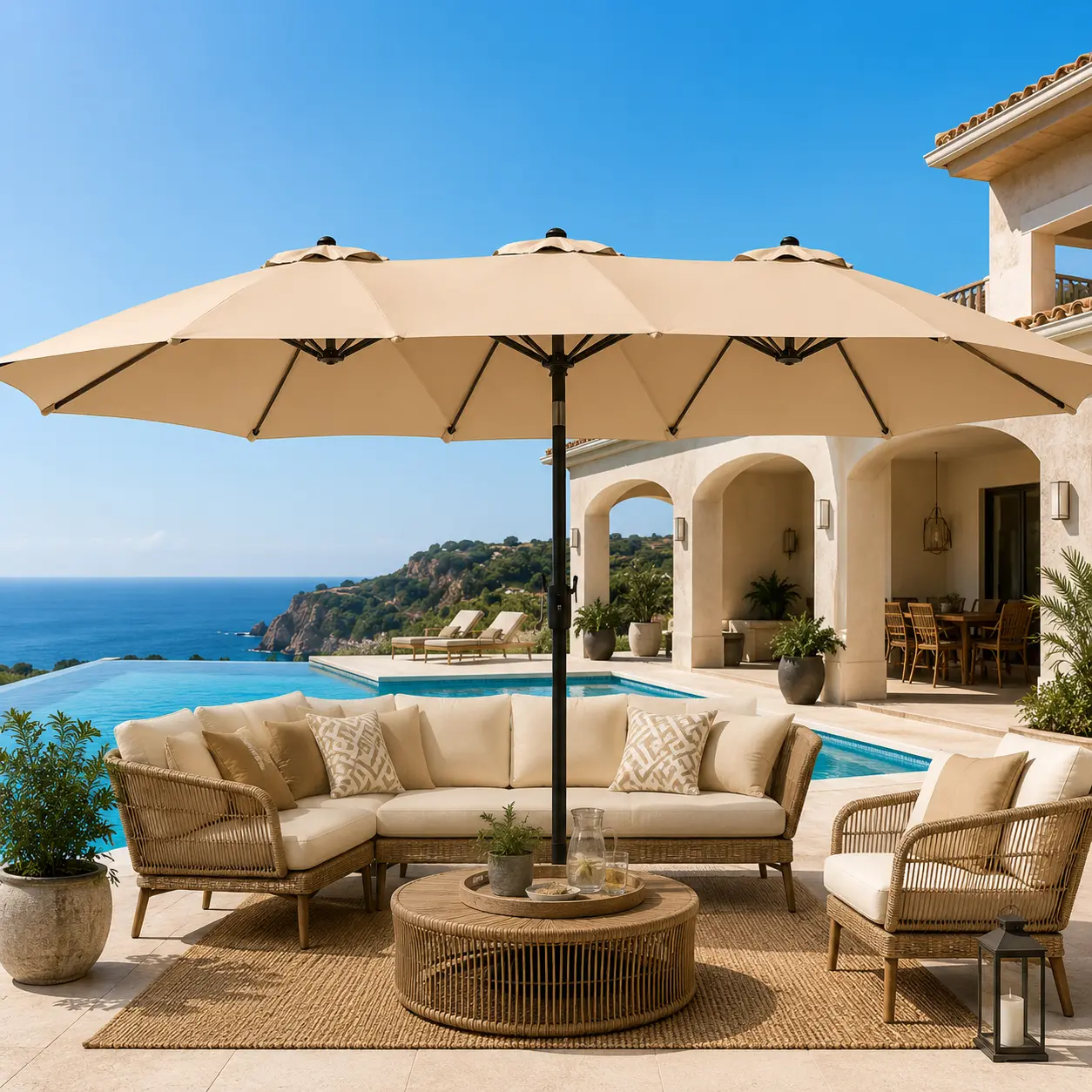 15FT Double-Sided Patio Umbrella – Large Outdoor Shade with 36 LED Lights, Crank System & Base Included for Patio, Pool & Backyard