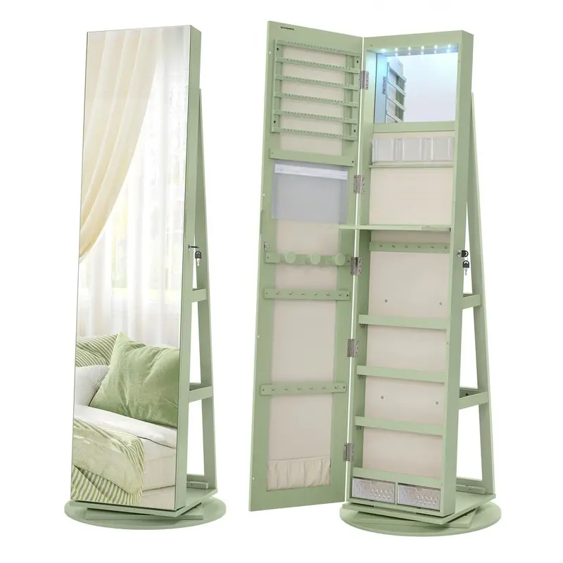 LED Lockable Jewelry Cabinet – Standing Armoire with Frameless Full-Length Mirror & 3 Storage Shelves