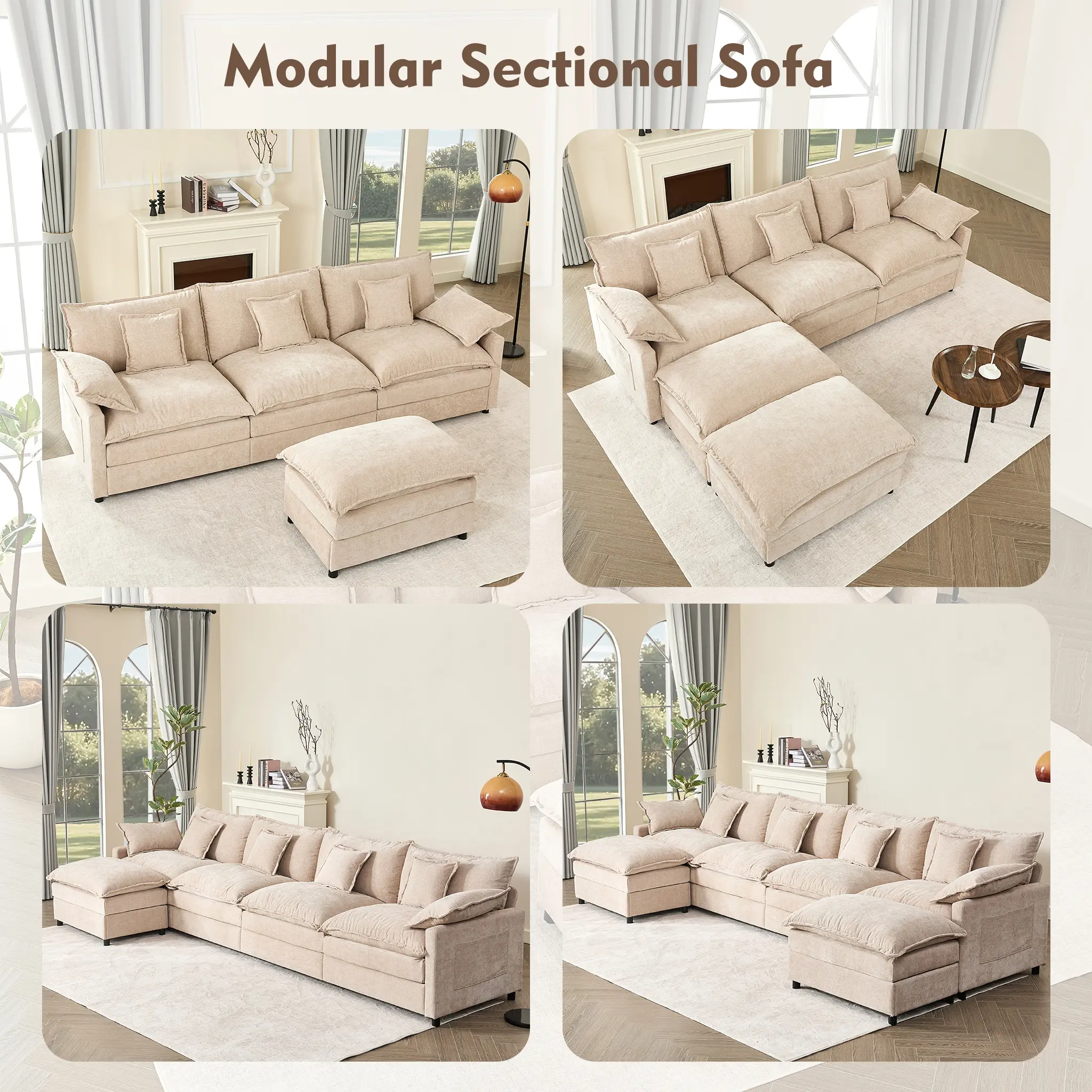 108" U-Shaped Modular Sectional Sofa - Comfy Cloud 3-Seater with 2 Movable Ottoman, Cloud Sofa,Deep Seat Linen Couch for Living Room, Beige Color ,Comfort & Stylish Design,Chenille pink