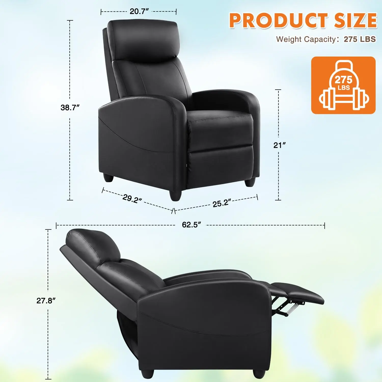 Recliner Chair for Living Room, Massage Recliner Chair Theater Chairs Adjustable Modern Reclining Chair with Padded Seat Backrest