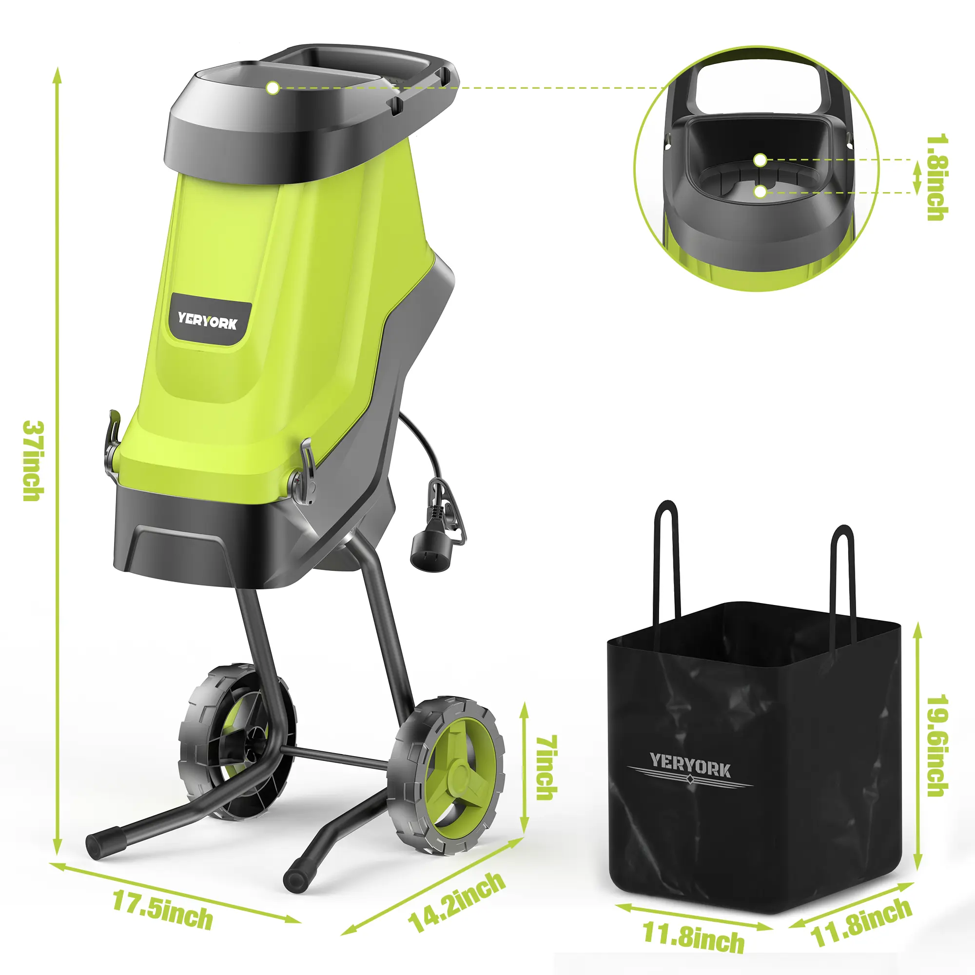 15-Amp Wood Chipper & Shredder, with 1.8" Feed Hopper, 45L Collection Bag, for Yard Waste, Branches, and Leaves.
