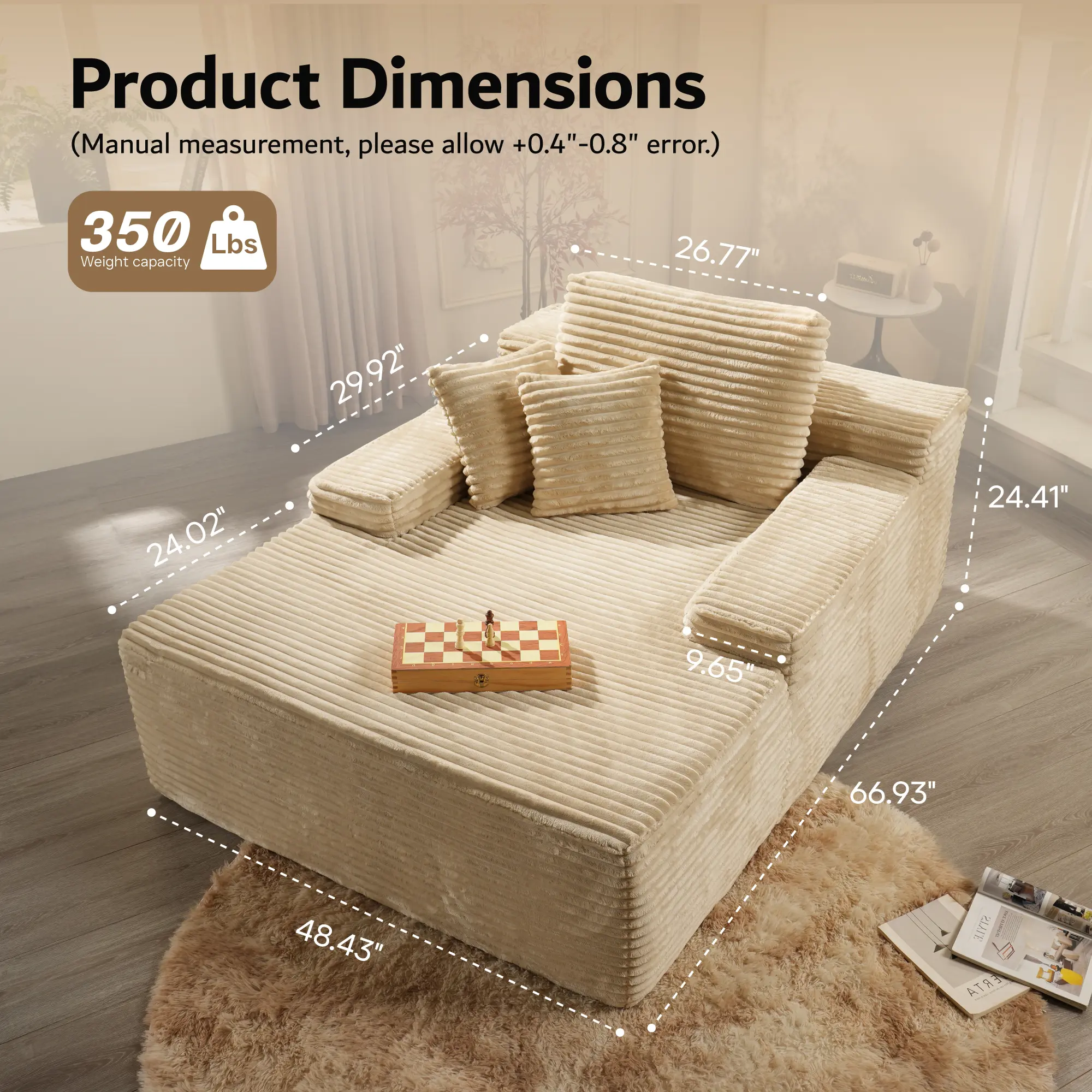 49'' Boneless Chaise Lounge with Cup Holders, Upholstered Sofa Bed with Throw Pillows and Armrests, Indoor Sleeper Chair- Luxurious Plush Corduroy Chair Bed for Living Room - No Assembly Required
