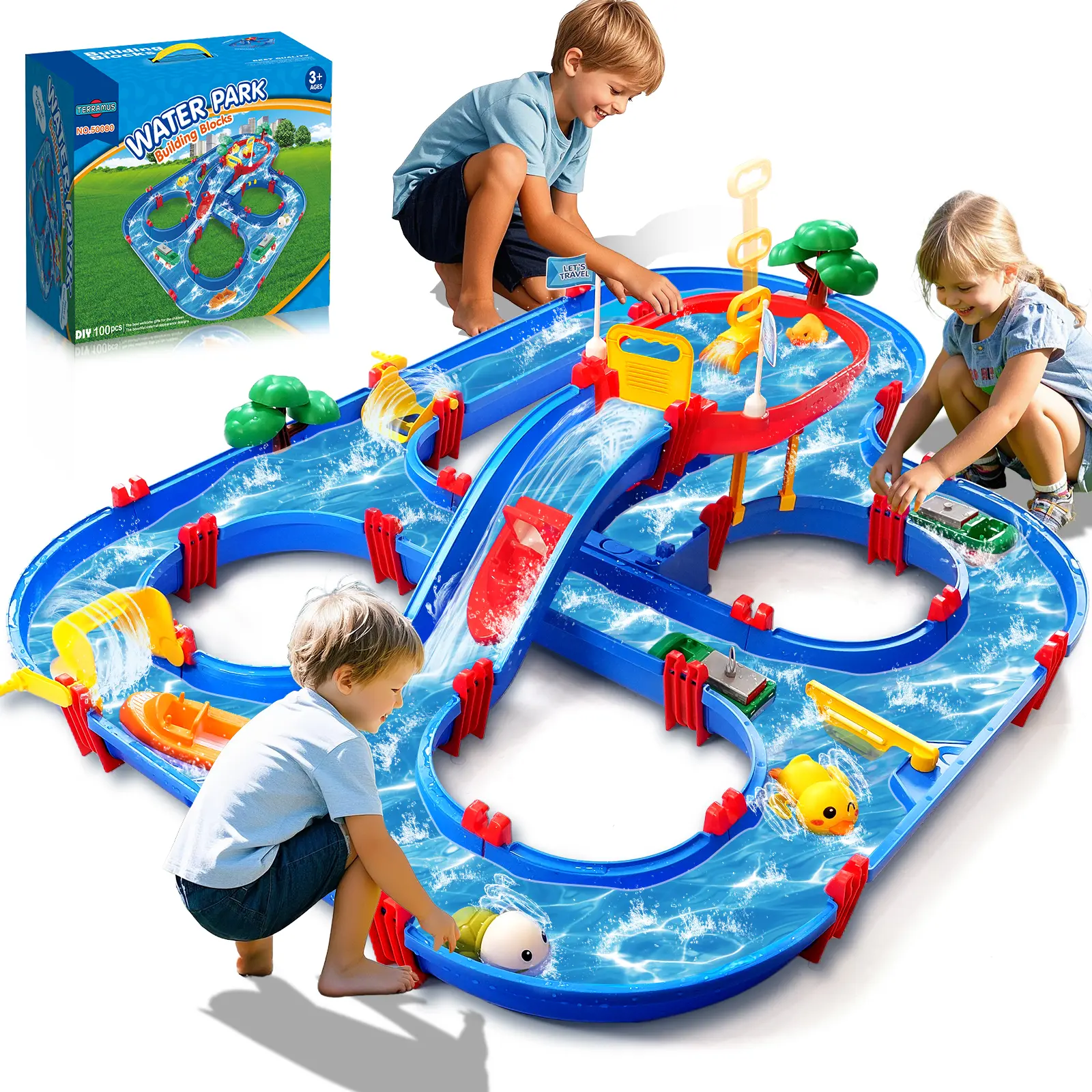 2-Tier Kids Water Table – 100PCS DIY Waterways Playset with Pump for Backyard, Beach & Poolside Summer Fun