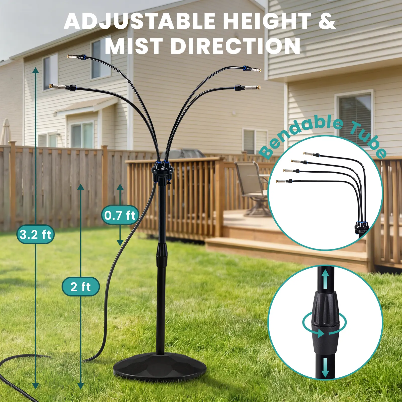 Standing Misting Cooling System with Fillable Base, 26.2FT Water Line, Adjustable Height Standing Mister for Outside Patio Cooling, Pool Tanning, Garden Greenhouse Watering