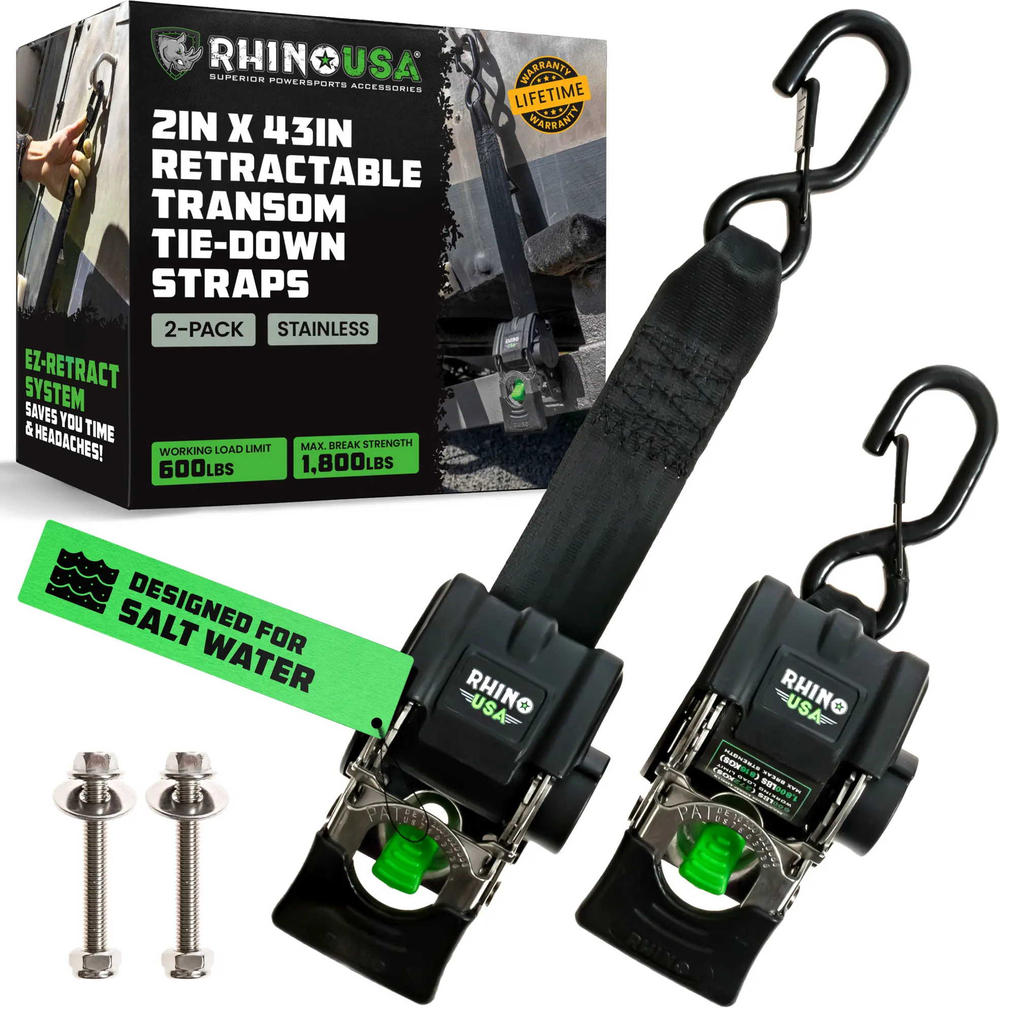 Retractable Boat Trailer Tie Down Straps 2PK – Durable (2in x 43in) Trailer Mount Transom Straps for Boat, Jet Ski – Stainless Steel – Salt Water Compatible