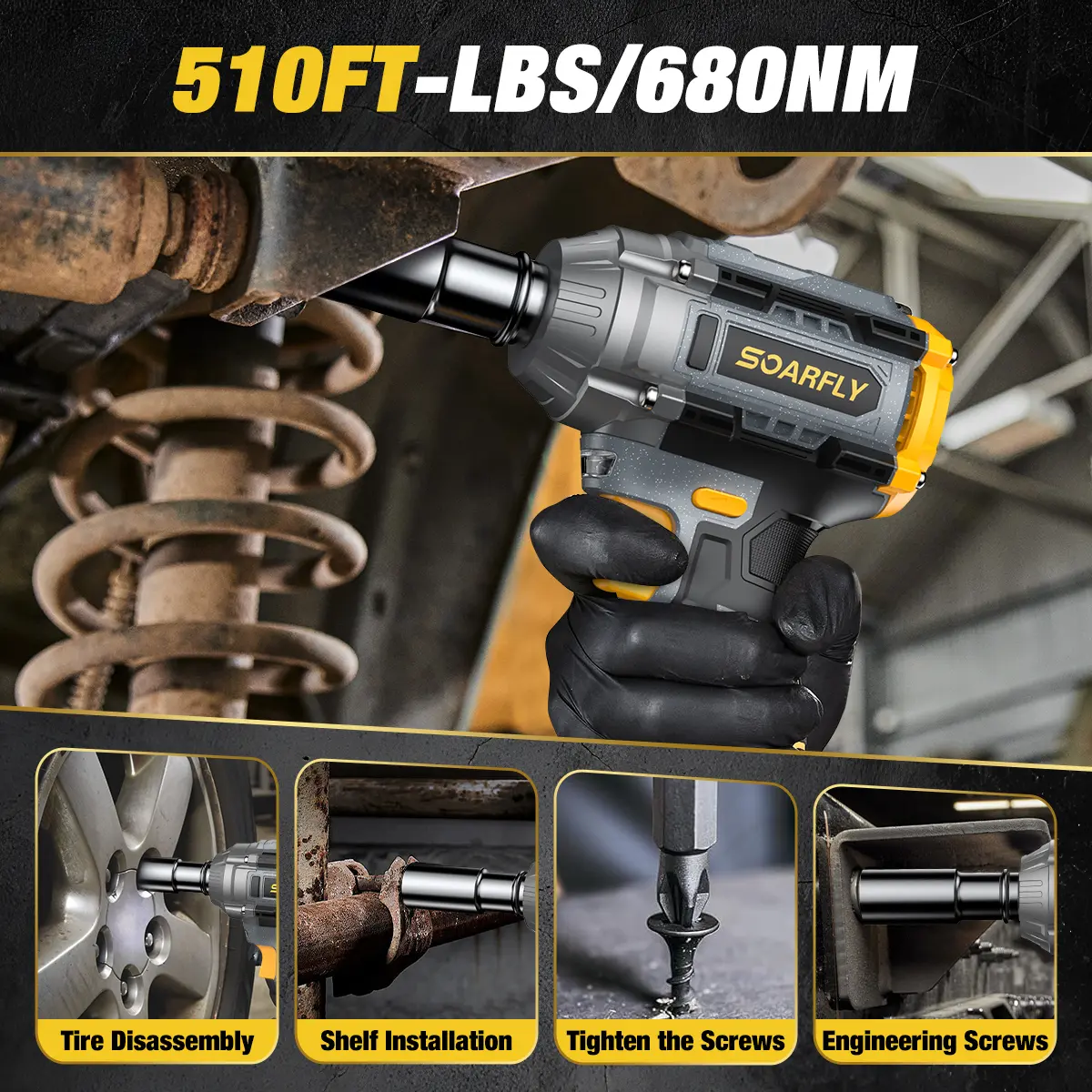 680NM Impact Wrench, 2x 4.0Ah Batteries, Fast Charger, 6 Screwdriver Bit, 8 Drill Bit, 6 Sockets, For Car, Trucks