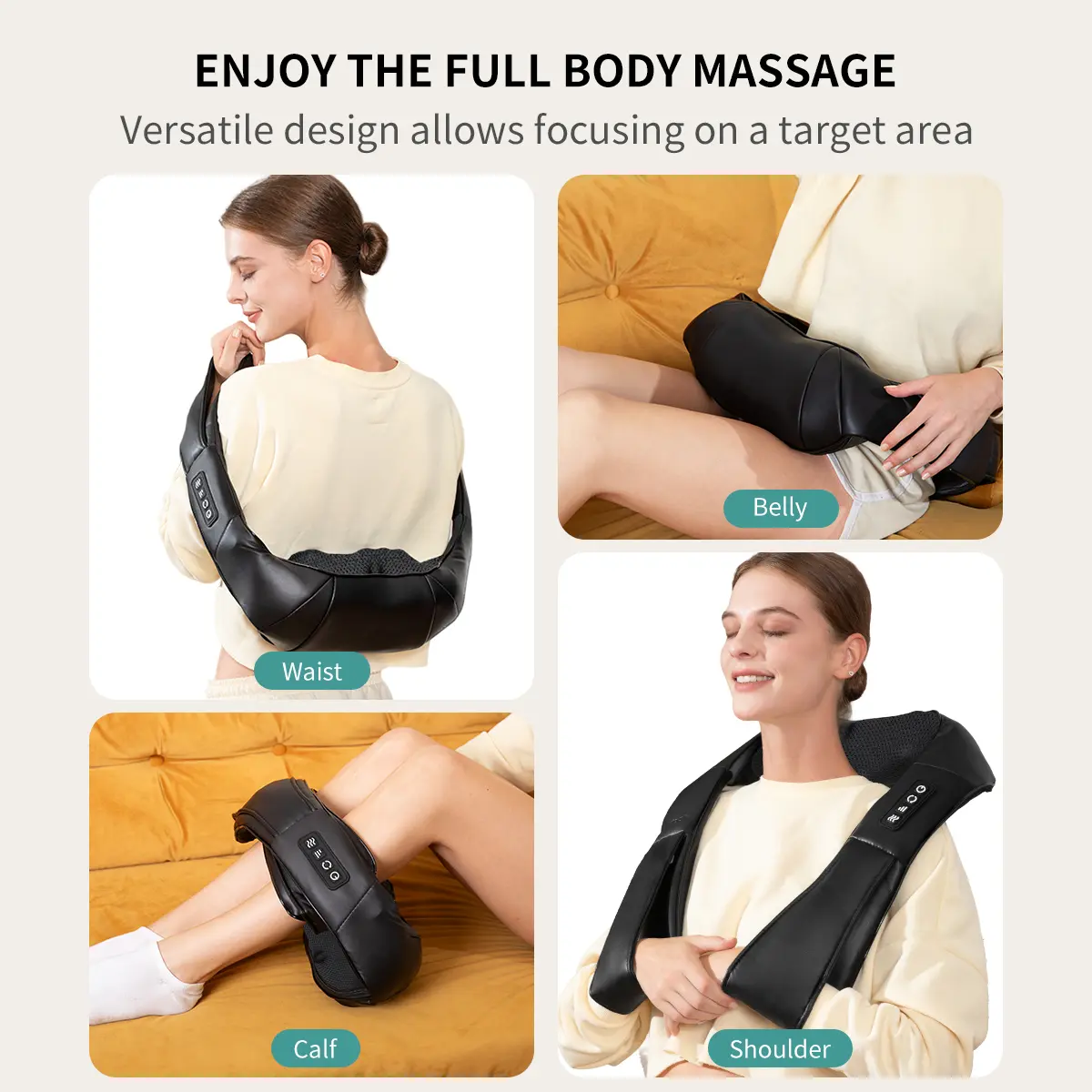 Shiatsu Neck and Back Massager with Soothing Heat, Ergonomic 8 Deep-Kneading Massage Nodes with Heat Electric Shiatsu Back Massager for Neck Shoulder & Body Muscle Relief Portable 12V DC Power Supply - Black