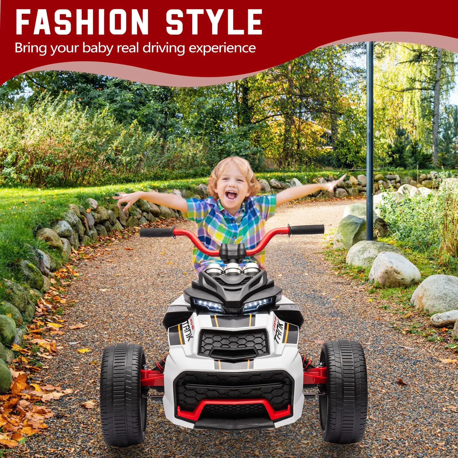 12V Electric 3-Wheel Ride-On Vehicle – Dual Motors, LED Lights, Music & USB, Fun for Kids Ages 3–7