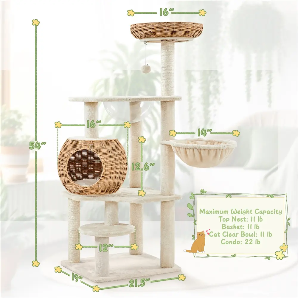 54'' Rattan Cat Tree Tower – Woven Condo, Clear Bowl, Washable Cushions & Scratching Posts for Indoor Cats