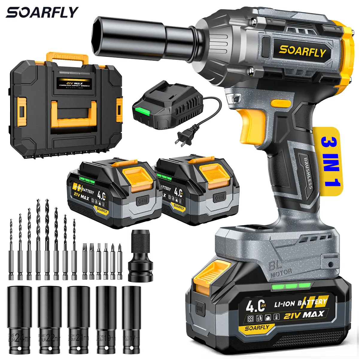 680NM Impact Wrench, 2x 4.0Ah Batteries, Fast Charger, 6 Screwdriver Bit, 8 Drill Bit, 6 Sockets, For Car, Trucks