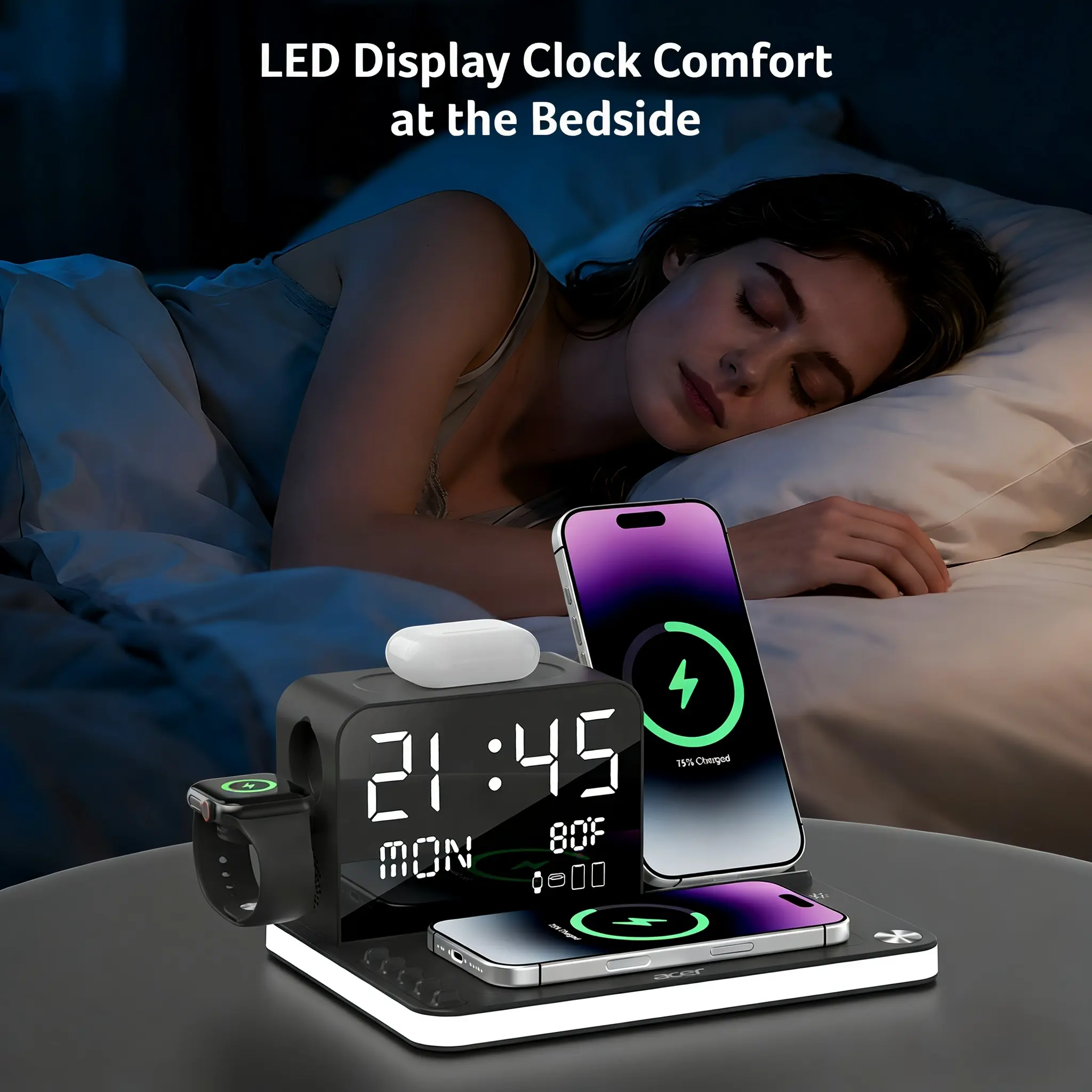 7-in-1 Wireless Charging Station – Fast Charger with LED Night Light, Bluetooth Clock & Temperature Display for iPhone, Apple Watch & AirPods