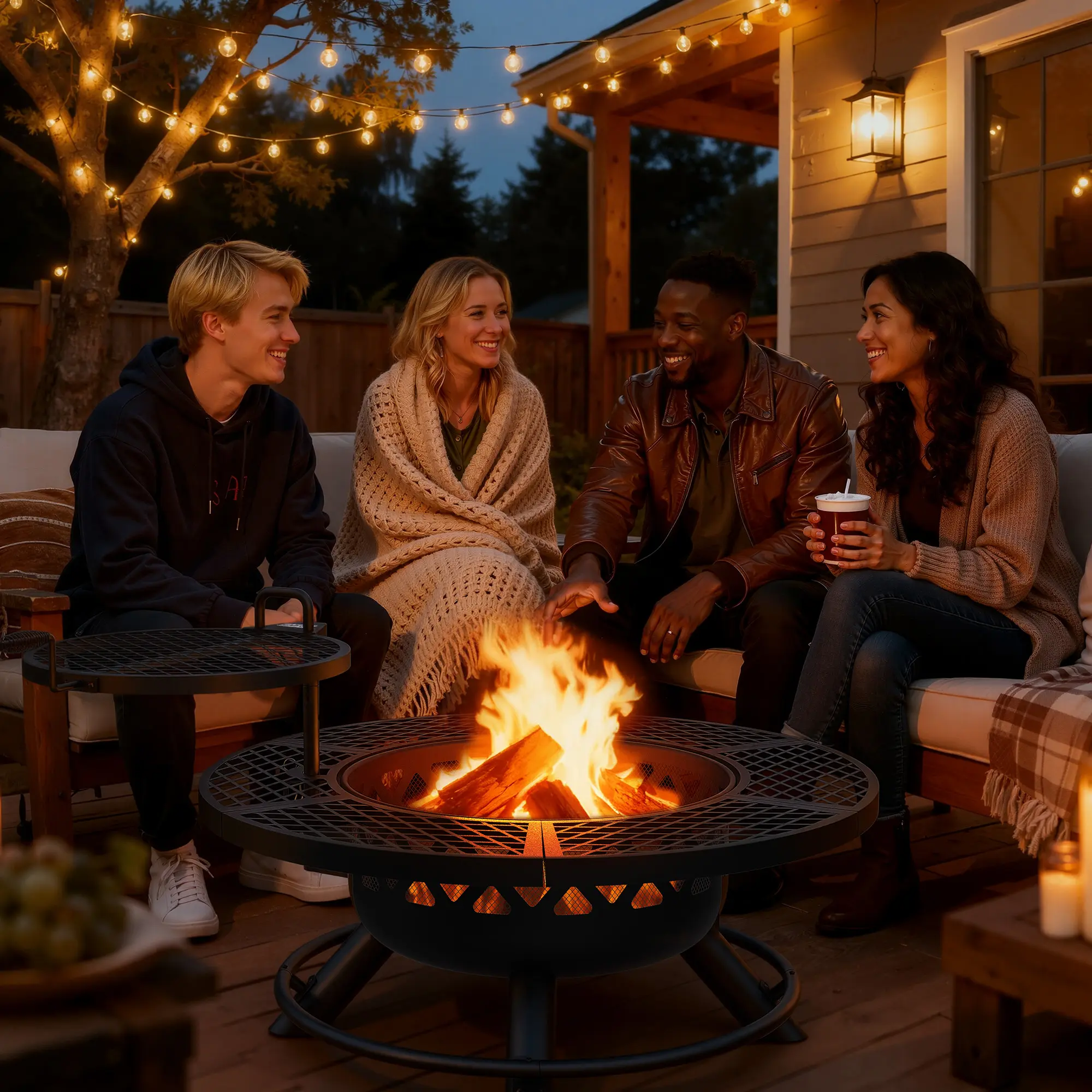 Memorial Day Sales 2-in-1 Wood Burning Fire Pit with Removable Cooking Grill Black Ultra-Durable Iron Grate 360-Degree Rotation Adjustable Height for Heating and BBQ Christmas gift